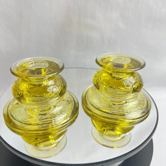Indiana Glass 1970s Madrid Style Yellow Glass Vintage Candlestick Holders Pair - Picture 1 of 12